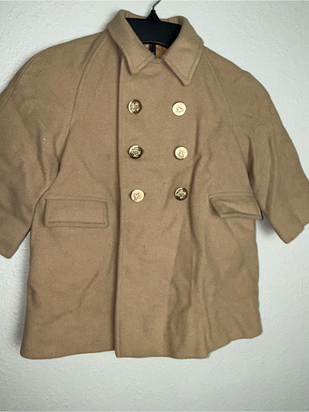 Vintage Children's Double-Breasted Camel Pea Coat with Gold Buttons